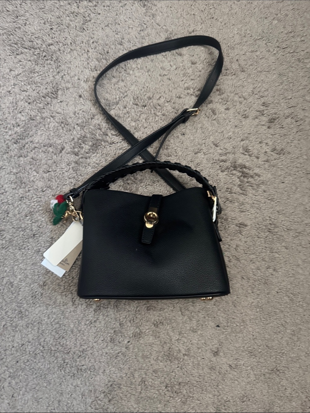 Women's Black Crossbody Bag with Braided Handle - Unbranded
